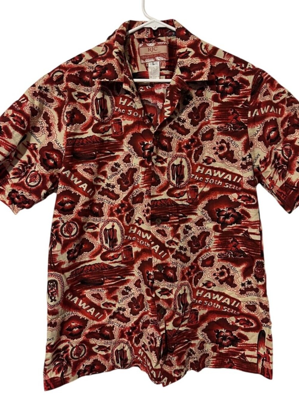 RJC Hawaiian Shirt Red & Beige 50th State Island Short Sleeve Button-Up Made In